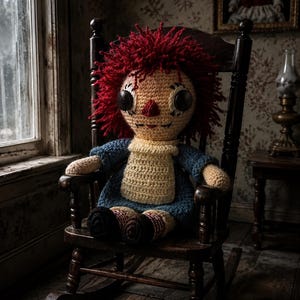 May include: A crocheted doll with bright red yarn hair, large black button eyes, and a stitched triangular nose. The doll wears a blue dress with a cream-colored apron, beige arms, and black shoes with striped socks, seated in a dark wooden rocking chair.