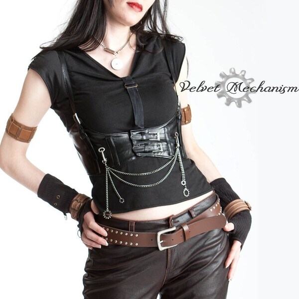 Steampunk Chest Harness BLACK Faux Leather Underbust Bodice with Silver Gears, Buckles, Chain, and Antique Keys by Velvet Mechanism