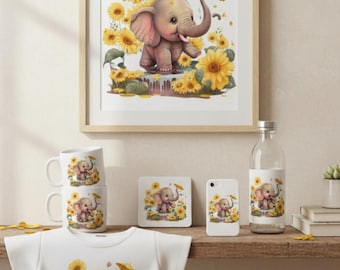 Elefante en acuarela PNG / Ilustración de animales de safari para bebés / Arte de pared imprimible para guardería