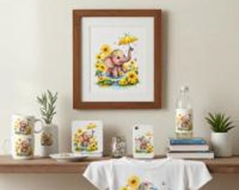 7 adorables elefantes bebés PNG / Clipart de animales de la selva floral / Diseño de decoración de guardería en acuarela