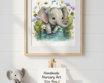 Clipart de elefante bebé en acuarela / Animal de safari floral PNG / Arte de pared para guardería / Animal de la selva imprimible