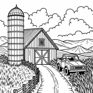 May include: Black and white line art illustration of a coloring book cover. The cover reads "Retro 70s Coloring Book for Adults" with the subtitle "Outdoor Scenery and Vintage Street Scenes". The image depicts a barn, silo, truck, and road.