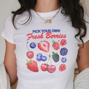 Fresh Berries Graphic Baby Tee: Coquette Cottagecore Top, Trendy Summer Y2K Crop Top