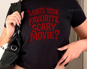 Camiseta de bebé de ¿Cuál es tu película de terror favorita?: Camiseta de película de terror, top corto de Halloween Y2K