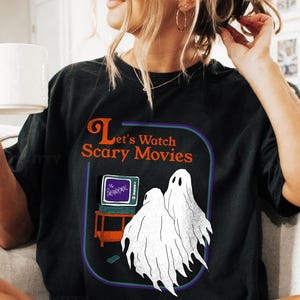 Let&#39;s Watch Scary Movies T-Shirt | Vintage Halloween Shirt, Retro Horror Graphic Tee, Gift for Horror Lovers, Oversized Comfort Colors Tee