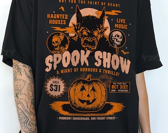 Vintage Spook Show Halloween Tee: Retro Horror Graphic, Oversized Comfort Colors T-Shirt