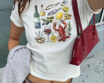 Italian Seafood Collage Baby Tee: Trendy Y2K Crop Top, Coastal Style