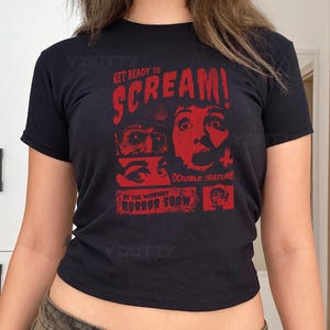 Get Ready to Scream Baby Tee - Vintage Halloween Shirt, Retro Horror Y2K Crop Top
