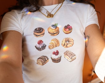 French Pastries Baby Tee: Trendy Food Graphic Y2K Crop Top, Coquette Top