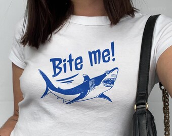 Bite Me Shark Graphic Baby Tee | Y2K Beach Crop Top