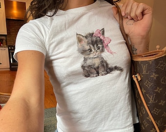 Coquette Kitty Baby Tee | Y2K Aesthetic, Cute Cat Shirt