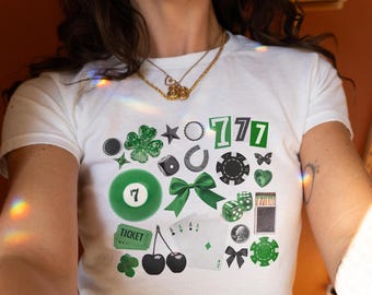 Lucky Charms Baby Tee: Y2K St Patricks Day Collage Crop Top