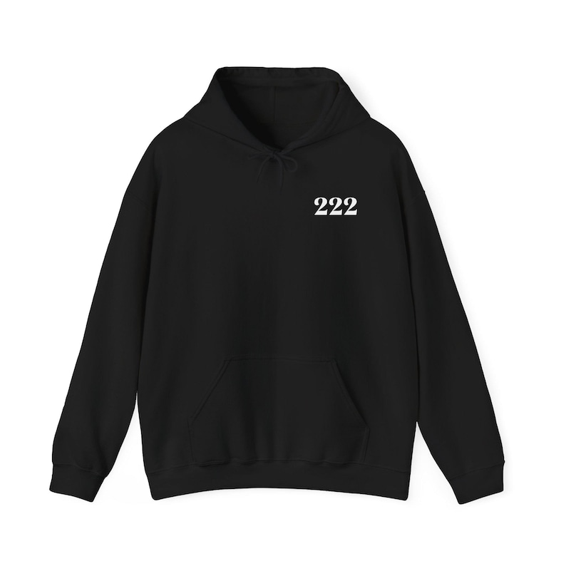 May include: Black hooded sweatshirt with a white "222" printed on the front.