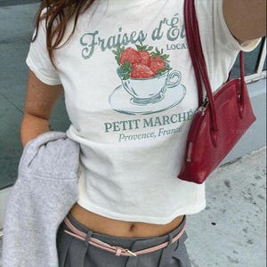 Strawberry Baby Tee | French Fruit Graphic Baby Tee, French Cottagecore Top, European Summer Shirt, Coquette Aesthetic Cropped T-Shirt