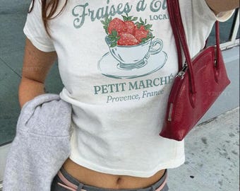 Strawberry Baby Tee | French Cottagecore Crop Top, Coquette European Summer Shirt