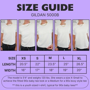 May include: Size chart for Gildan 5000B t-shirts, showing measurements in inches for XS, S, M, L, and XL sizes. The chart includes length and width measurements.