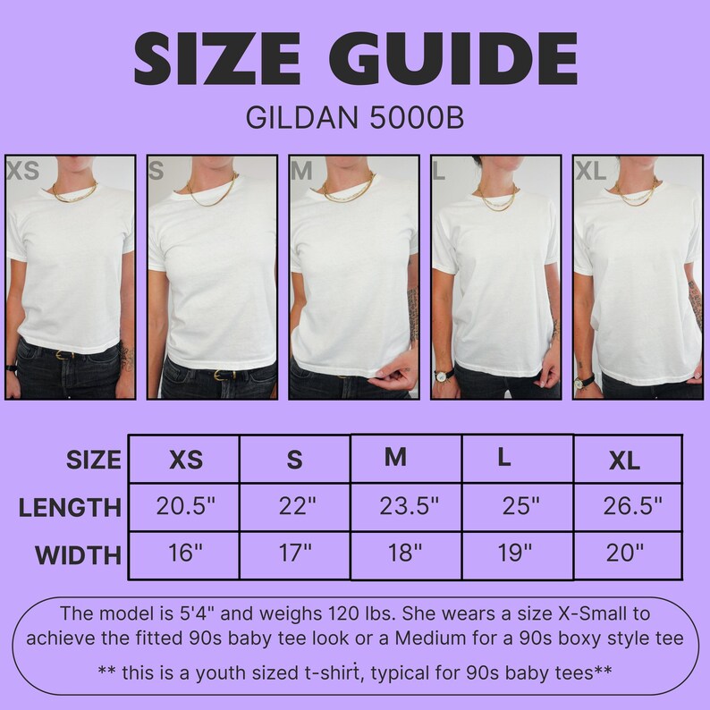 May include: Size chart for Gildan 5000B t-shirts, showing measurements in inches for XS, S, M, L, and XL sizes. The chart includes length and width measurements.