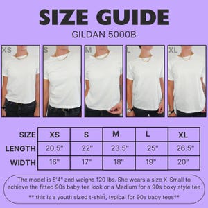 May include: Size chart for Gildan 5000B t-shirts, showing measurements in inches for XS, S, M, L, and XL sizes. The chart includes length and width measurements.