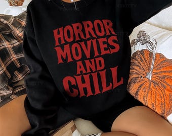 Sudadera de películas de terror y relax: divertida sudadera de cuello redondo para Halloween, ideal para los amantes de las películas de terror.