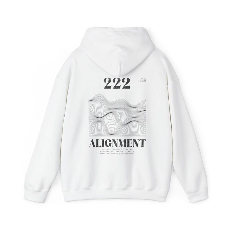 May include: White hooded sweatshirt with a black graphic print on the back. The graphic features the number 222, the words "Angel Number" and "Alignment", and a wavy line design.