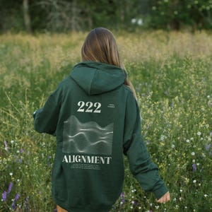 May include: A dark green hooded sweatshirt with the number 222 and the word "ALIGNMENT" printed on the back. The design features a wavy line pattern.