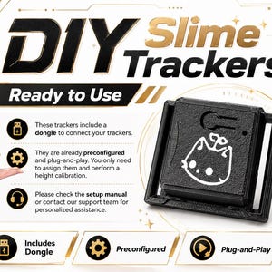 May include: A black square motion tracker device featuring a white cat-shaped icon on its surface. The text DIY Slime Trackers Ready to Use is displayed alongside information about the included dongle, preconfiguration, and plug-and-play functionality.
