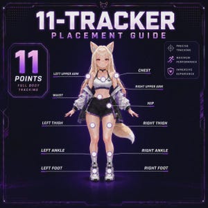 Puede incluir: Un gráfico que muestra un personaje de estilo anime con orejas de zorro, etiquetado con 11 puntos para el seguimiento de cuerpo completo. El texto dice "11-TRACKER PLACEMENT GUIDE" con iconos para un seguimiento preciso, máximo rendimiento y experiencia inmersiva.