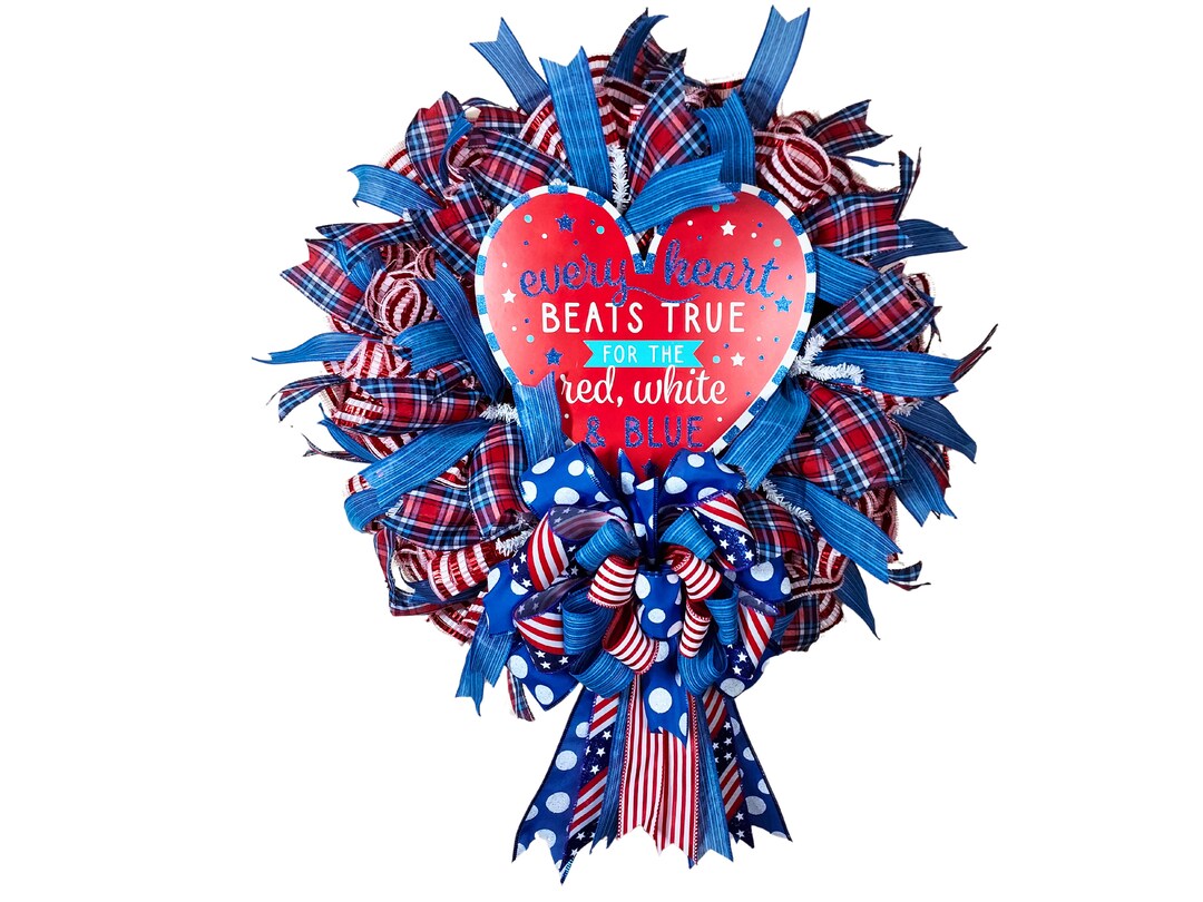 Patriotic Red White and Blue Wreath, July 4th Deco Mesh Wreath ...