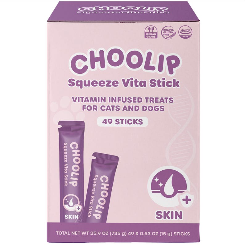 May include: A pink box of 49 individual vitamin infused treats for cats and dogs. The box is labeled "CHOOLIP Squeeze Vita Stick" and features a purple and white graphic of a dog and cat paw print. The treats are labeled "SKIN" and are designed to support healthy skin. The box also states that the treats are "Human Grade", "Grain & Gluten Free", and "HACCP Certified".