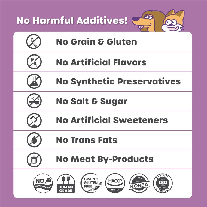 May include: A purple background with a list of ingredients that are not included in the product. The list includes: No Grain & Gluten, No Artificial Flavors, No Synthetic Preservatives, No Salt & Sugar, No Artificial Sweeteners, No Trans Fats, No Meat By-Products. The list is illustrated with icons and text. The text "No Harmful Additives!" is at the top of the image.