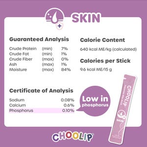 May include: A pink and white package of a dietary supplement called "Choolip" Squeeze Vita Stick. The package features a pink and white graphic of a woman's face with a drop of water on it. The package also includes the text "SKIN" and "Choolip". The product is described as "Low in phosphorus".