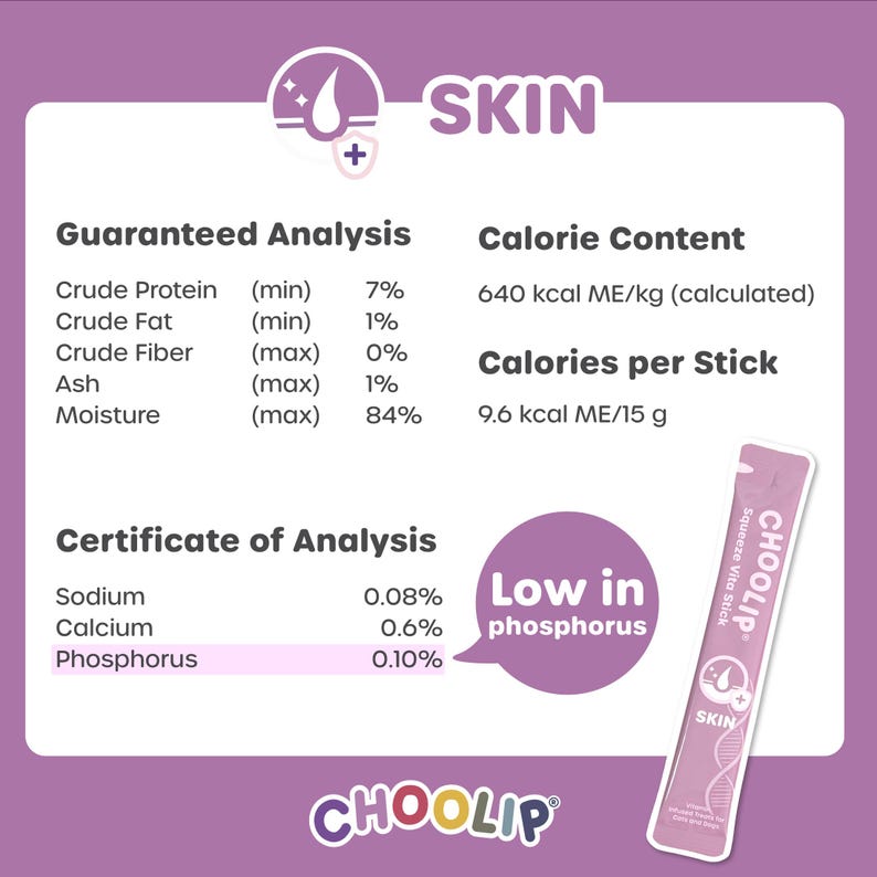 May include: A pink and white package of a dietary supplement called "Choolip" Squeeze Vita Stick. The package features a pink and white graphic of a woman's face with a drop of water on it. The package also includes the text "SKIN" and "Choolip". The product is described as "Low in phosphorus".