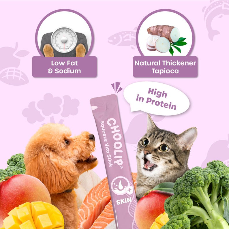 May include: A pink and purple squeeze tube with the text "CHOOLIP Squeeze Vita Stick" and a picture of a water droplet with a plus sign. The text "SKIN" is below the water droplet. A dog and a cat are looking at the tube. The text "Low Fat & Sodium", "Natural Thickener Tapioca", and "High in Protein" are in pink circles with white text. The background is a light purple color.