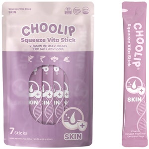 May include: A purple pouch with a label that reads "CHOOLIP Squeeze Vita Stick Vitamin Infused Treats for Cats and Dogs" and a picture of seven purple sticks with the word "SKIN" on them. The pouch also has a label that reads "7 Sticks Total Net Wt 3.7 oz (105 g) 7 x 0.53 oz (15 g) Sticks". There is also a single purple stick with the word "SKIN" on it.