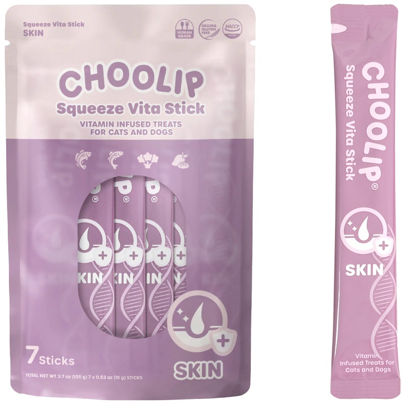 May include: A purple pouch with a label that reads "CHOOLIP Squeeze Vita Stick Vitamin Infused Treats for Cats and Dogs" and a picture of seven purple sticks with the word "SKIN" on them. The pouch also has a label that reads "7 Sticks Total Net Wt 3.7 oz (105 g) 7 x 0.53 oz (15 g) Sticks". There is also a single purple stick with the word "SKIN" on it.