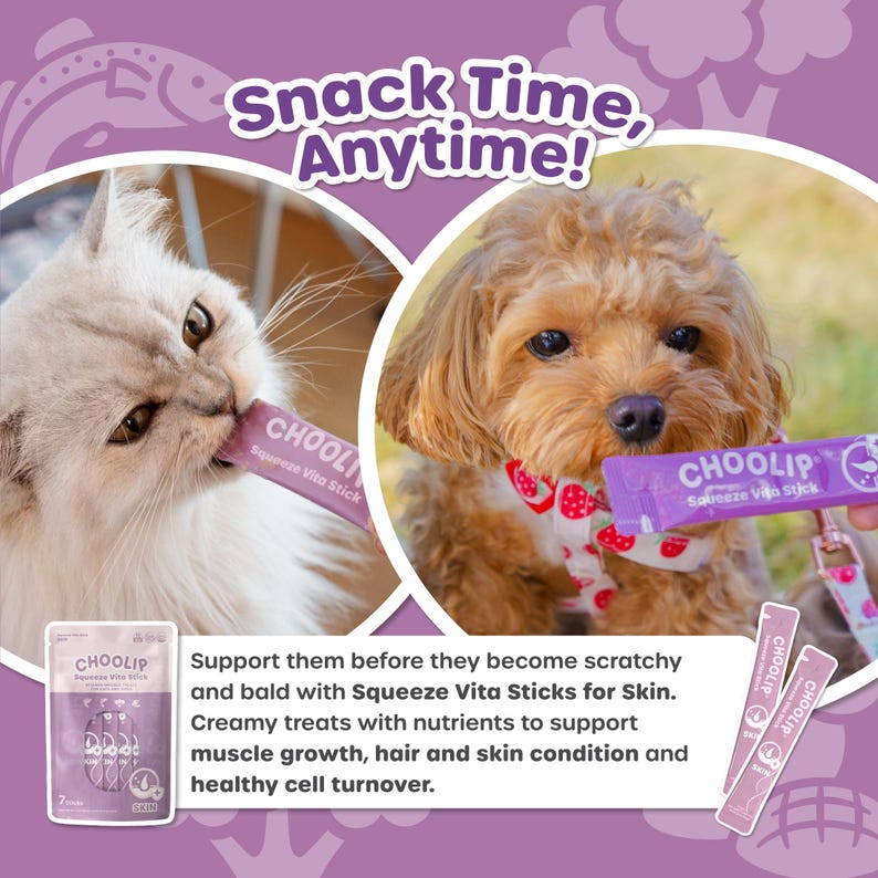 May include: A cat and a dog are enjoying a pink and purple squeeze tube treat called "CHOOLIP Squeeze Vita Stick". The text on the packaging says "Support them before they become scratchy and bald with Squeeze Vita Sticks for Skin. Creamy treats with nutrients to support muscle growth, hair and skin condition and healthy cell turnover."