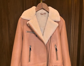 Women's Shearling Aviator Jacket: Brown Sheepskin Leather Bomber