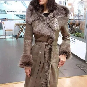 Wonderful Women s Warm Sheepskin Coat With Genuine Fur. Stylish Long Brown Sheepskin Coat With Metal Zipper and Hood. Etsy