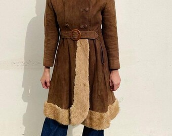 Vintage 70s Penny Lane Suede Coat: Shearling Trim Boho Jacket