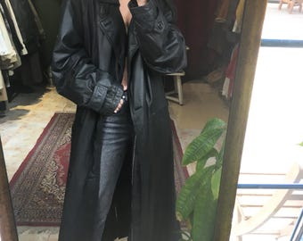 Handmade Sheepskin Leather Trench Coat: Vintage 90s Long Black Overcoat