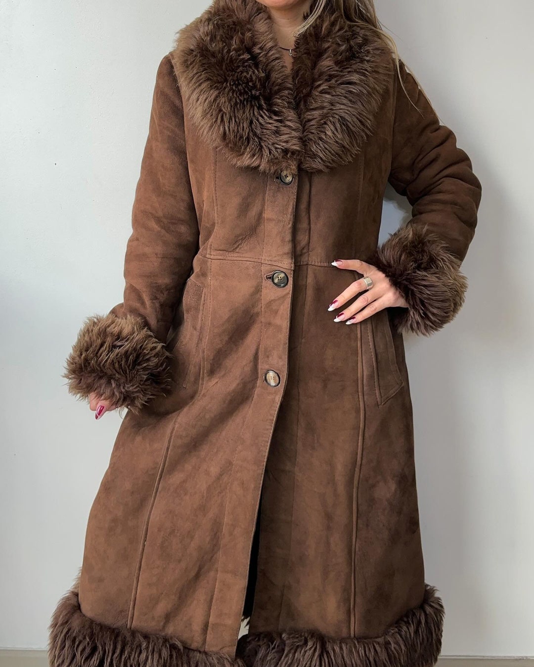 Vintage 70s Shearling Fur Coat: Brown Suede Afghan Trench Coat - Etsy