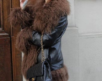Abrigo de piel de oveja negro para mujer, trench Penny Lane shearling afgano vintage hecho a mano, abrigo invernal atemporal regalo para e