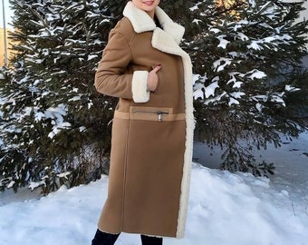 Womens Brown Suede Shearling Trench Coat: B3 Bomber Aviator Style