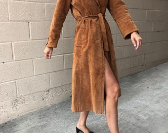 Vintage 70s Brown Suede Leather Trench Coat: Western Style