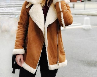 Women Brown Shearling Suede Leather Jacket Women's Shearling