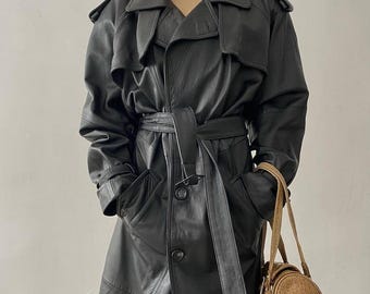 Black Faux Leather Maxi Trench Coat: Buttoned Spring Raincoat