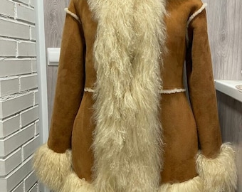 Vintage Suede Afghan Coat: Mongolian Fur Collar, 70s Boho Shearling