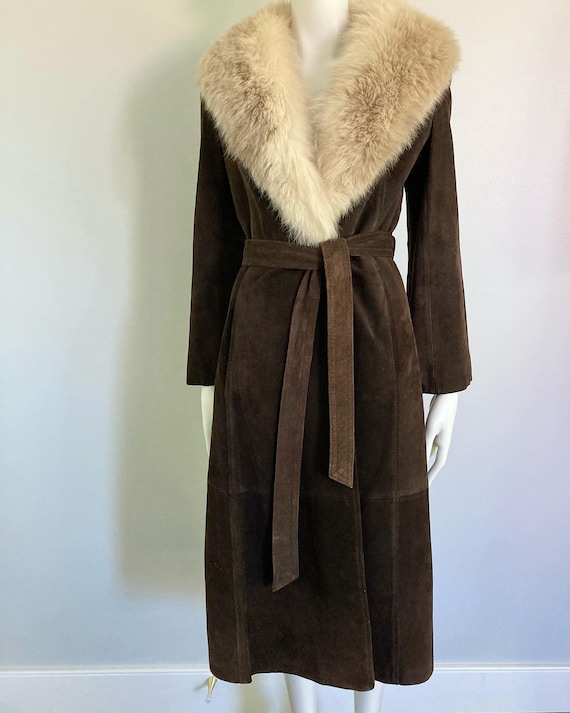 【vintage】suede long coat Vintage 70s Suede Leather Trench Coat: Brown Fur Collar Duster - Etsy