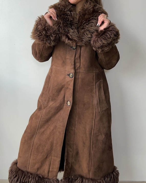 Vintage 70s Shearling Fur Coat: Brown Suede Afghan Trench Coat - Etsy