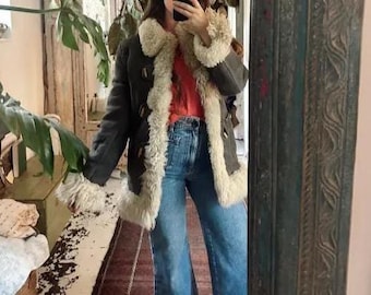 Women's  Black Sheepskin Suede Penny Lane Coat – Handmade  70s Vintage Afghan Shearling Winter Outerwear Winter Gift for Her